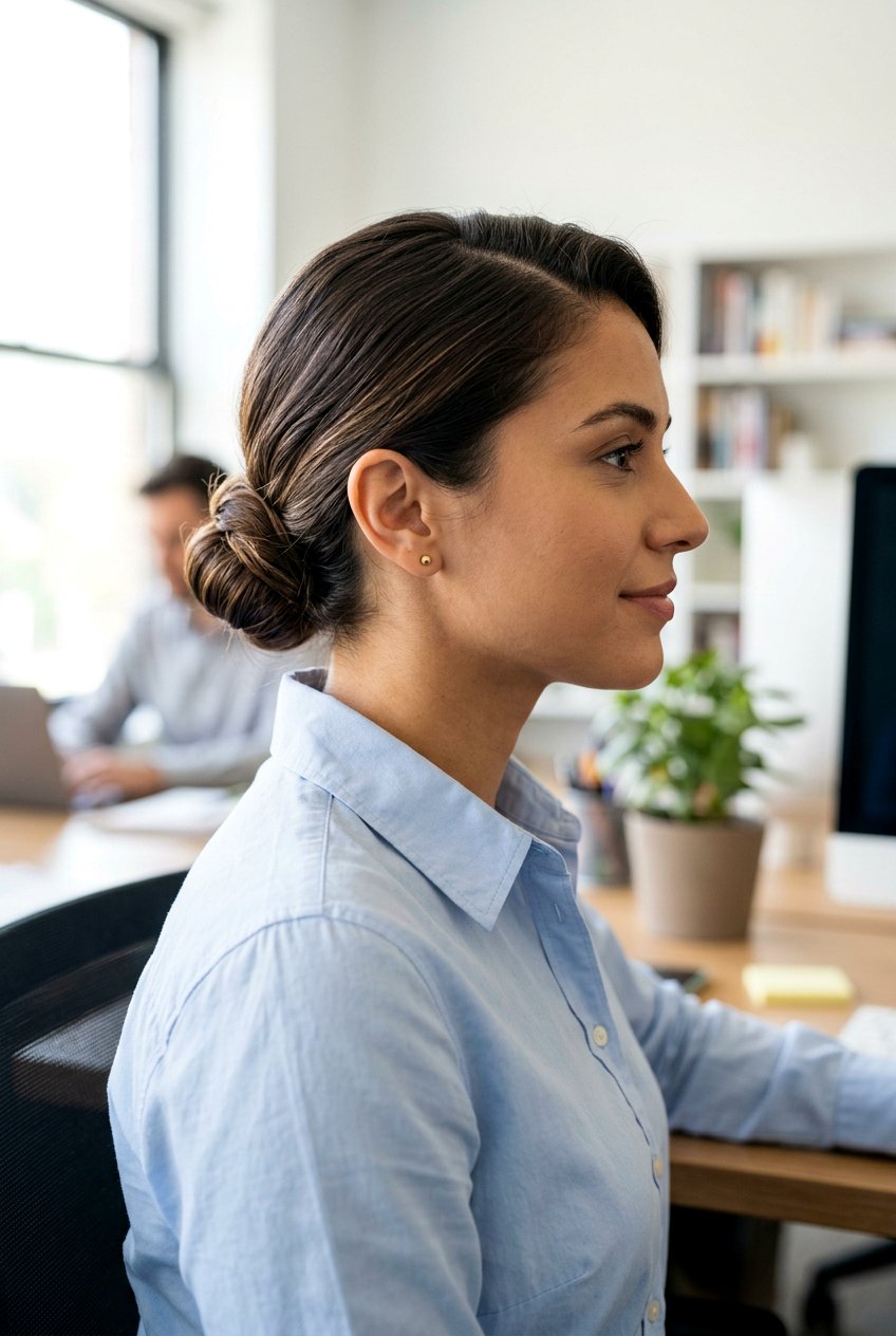 Side Part Low Office Bun - 20 minimalist office bun hairstyle - 20 minimalist office bun hairstyle