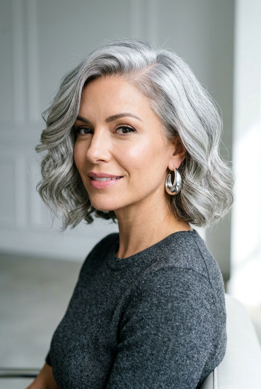 Side Part Metallic Silver Bob - 20 metallic silver bob hair color - 20 metallic silver bob hair color
