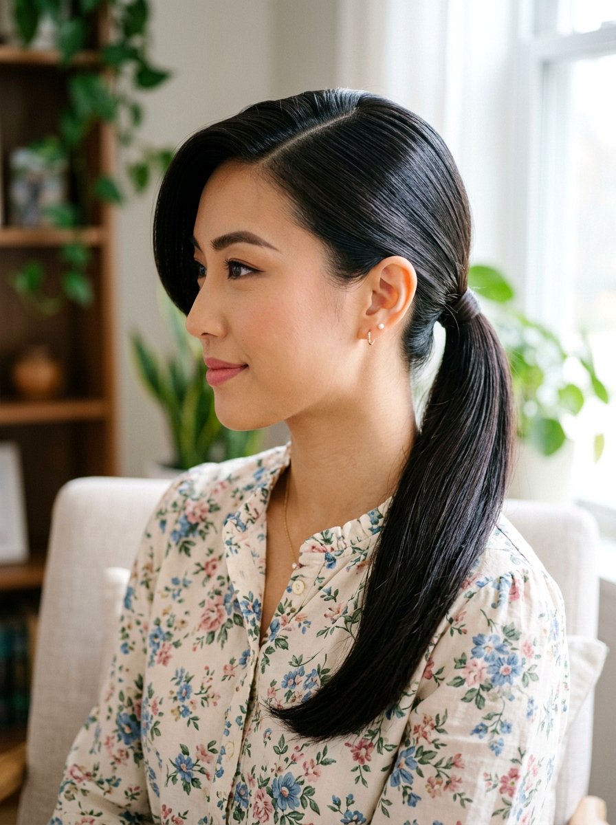 Side Part Sleek Ponytail - 20 easy sleek ponytail styling ideas - 20 easy sleek ponytail styling ideas