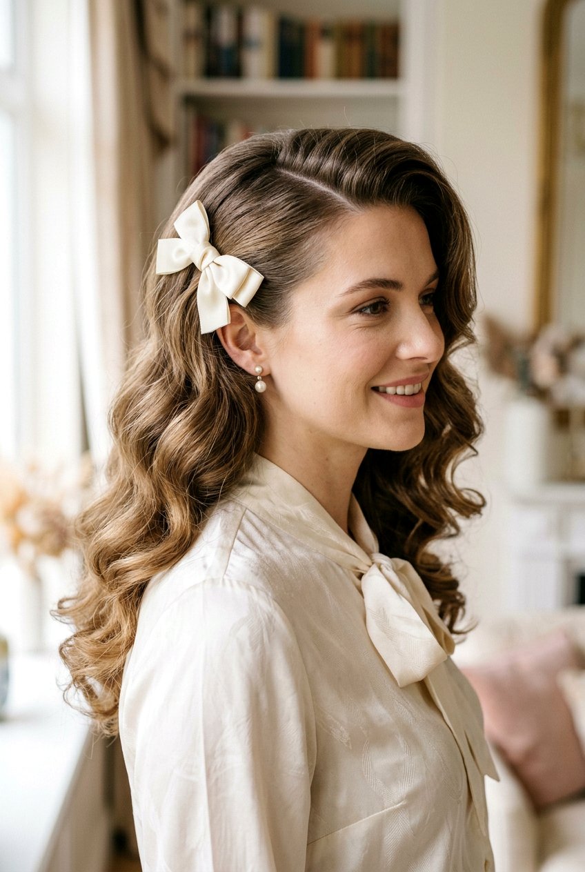 Side Part Waves With Bow Clip - 20 coquette hairstyle with ribbon bow - 20 coquette hairstyle with ribbon bow