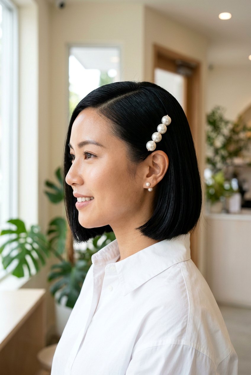 Side Part With Stacked Pearl Pins - 20 school hairstyle with pearl clips - 20 school hairstyle with pearl clips