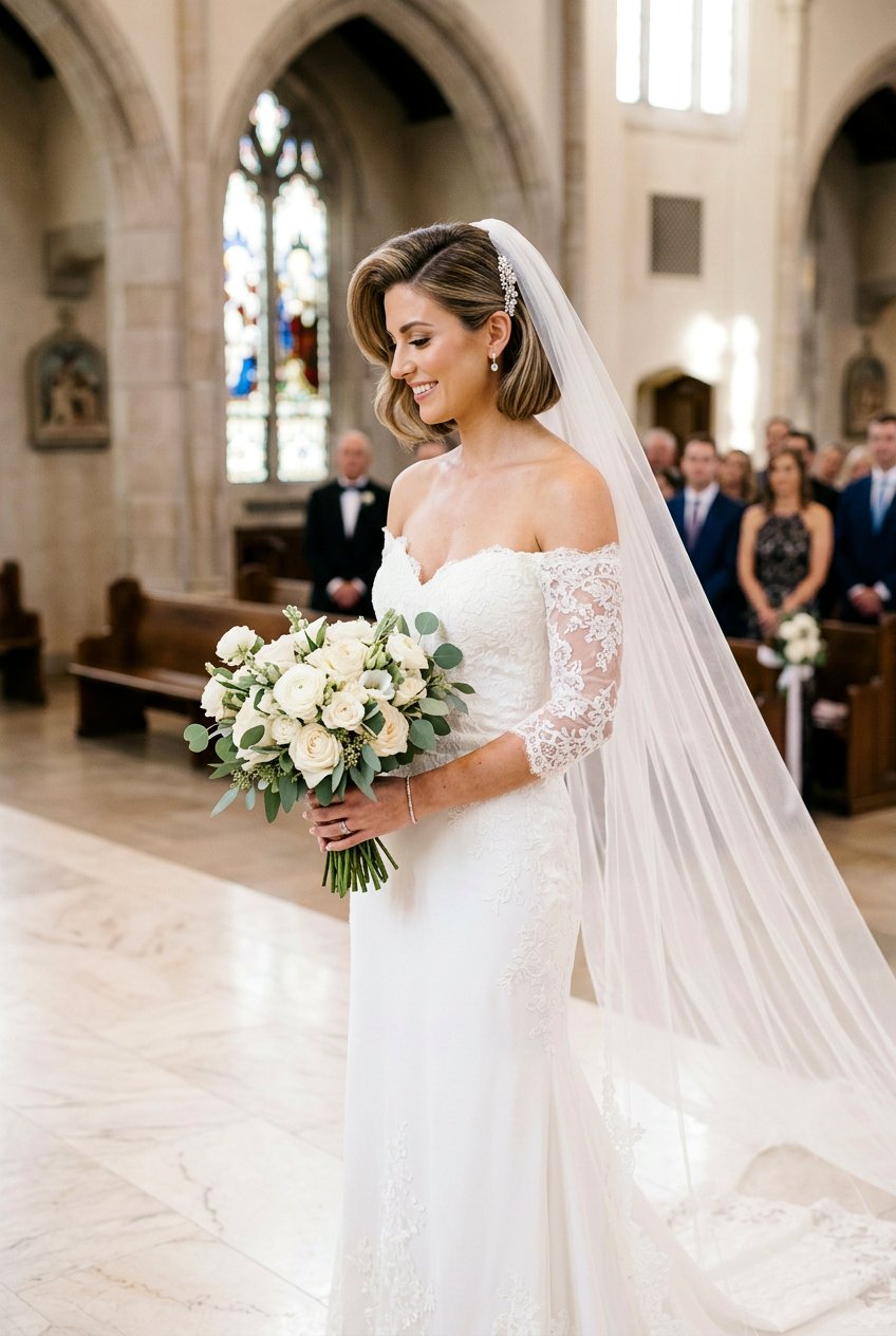 Side Parted Bob - 20 bridal hairstyle for short bob with veil - 20 bridal hairstyle for short bob with veil