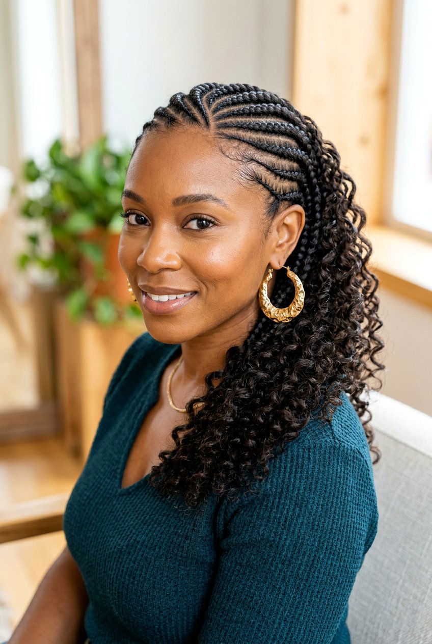 Side Parted Cornrows With Curly Finish - 20 straight back cornrows with curly ends - 20 straight back cornrows with curly ends