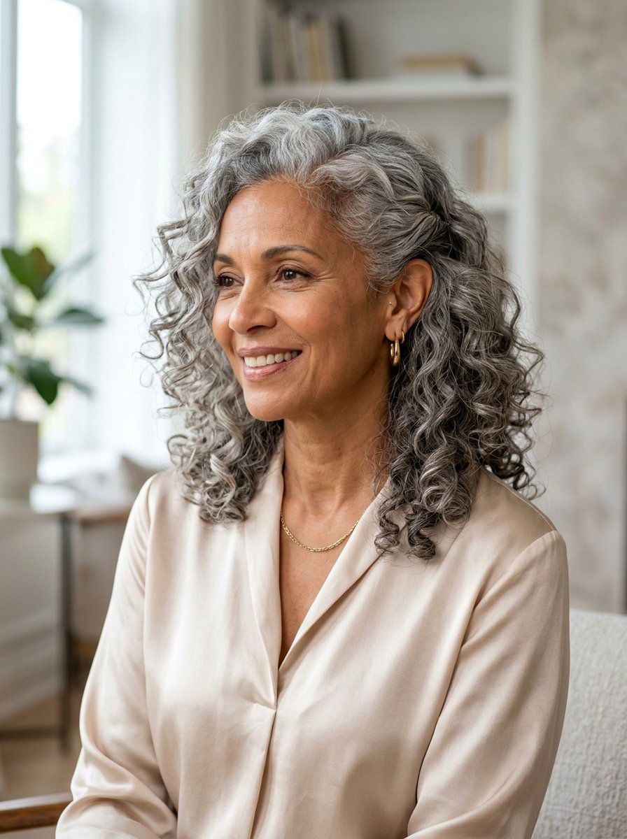 Side Parted Gray Curly Lob - 20 shoulder length gray curls for older women - 20 shoulder length gray curls for older women