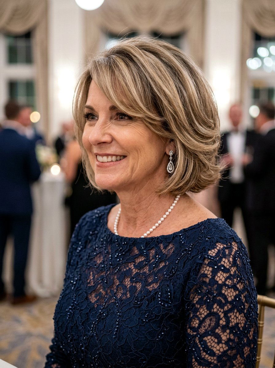 Side Parted Layered Bob - 20 layered bob with curtain bangs for women over 50 - 20 layered bob with curtain bangs for women over 50