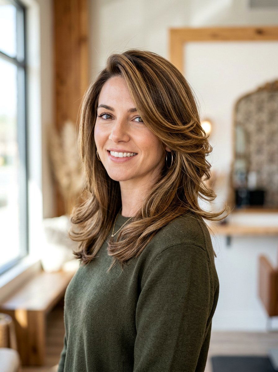 Side Parted Layered Medium Hair - 20 soft glam hairstyle for mature women - 20 soft glam hairstyle for mature women