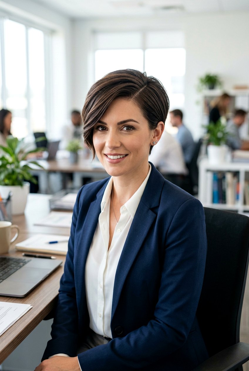 Side Parted Office Pixie - 20 office pixie with long bangs - 20 office pixie with long bangs