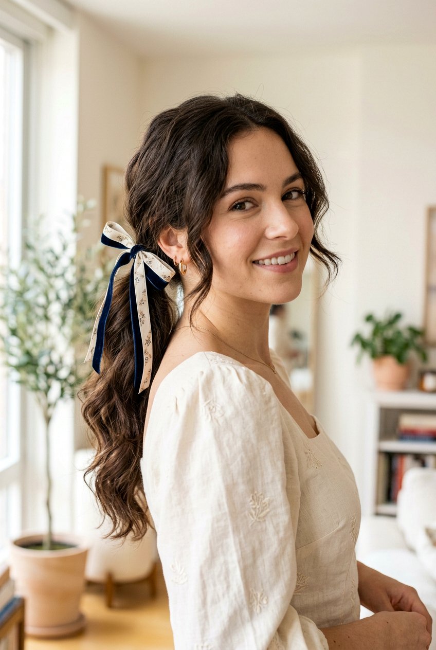 Side Ponytail With Double Ribbon Accent - 20 side ponytail with ribbon - 20 side ponytail with ribbon