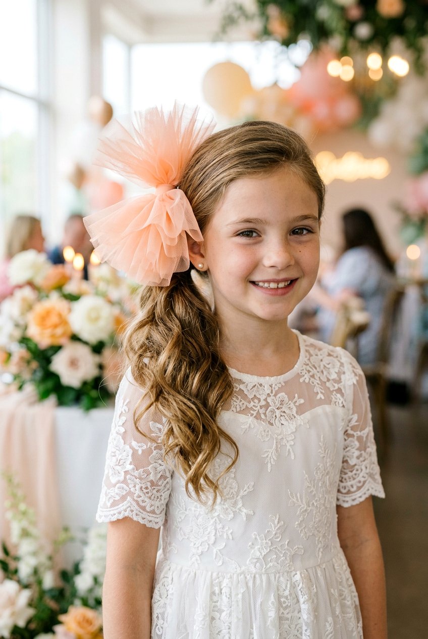Side Ponytail With Oversized Tulle Bow - 20 ribbon ponytail for girls - 20 ribbon ponytail for girls