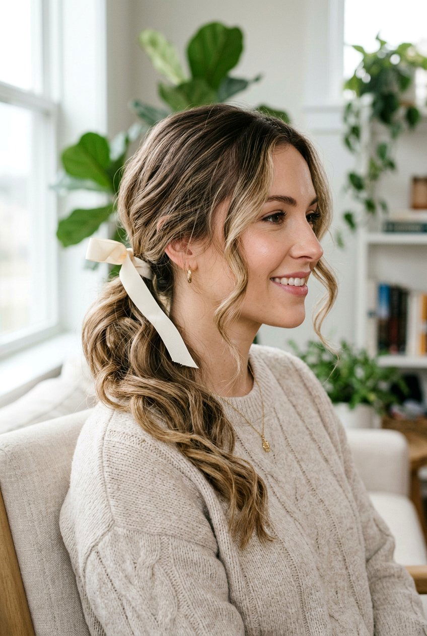 Side Ponytail With Ribbon And Face Framing Pieces - 20 side ponytail with ribbon - 20 side ponytail with ribbon