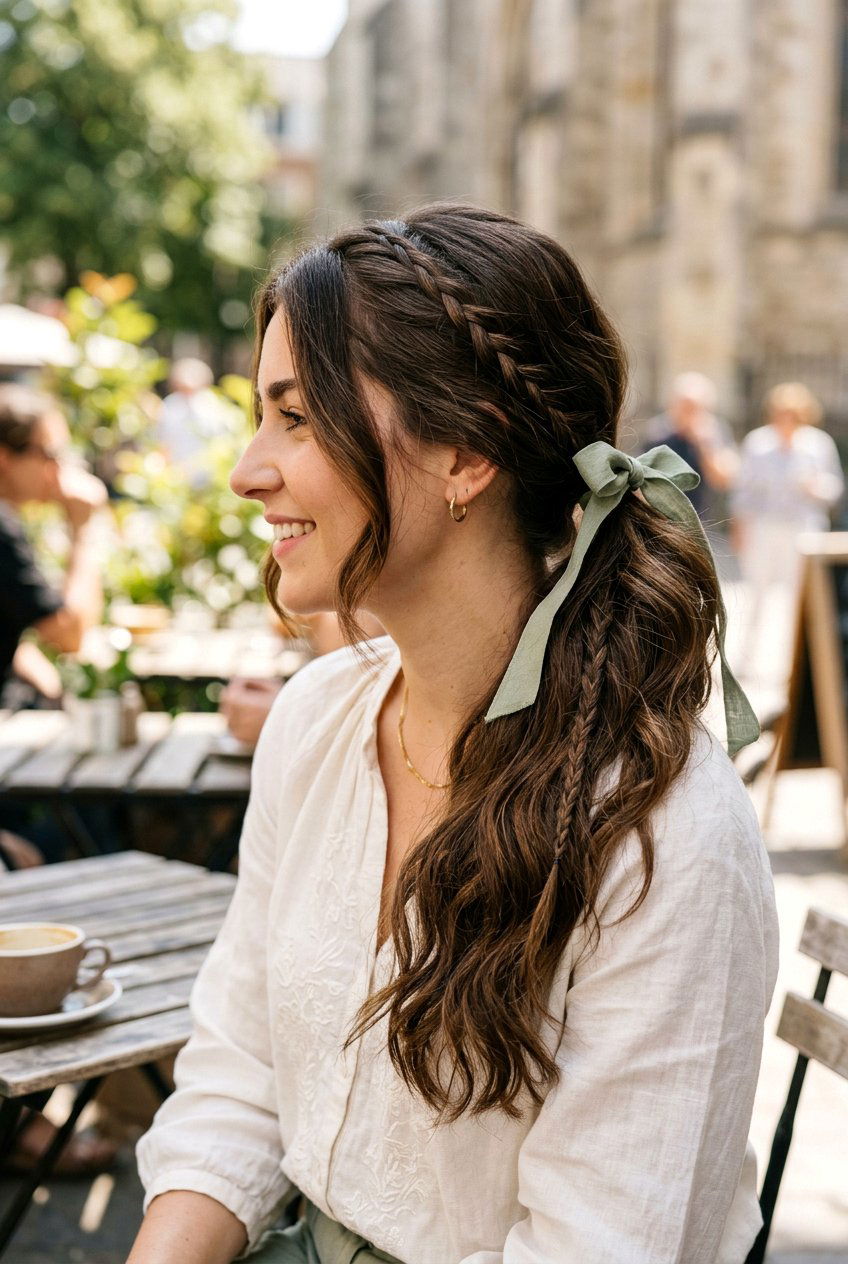 Side Ponytail With Ribbon And Mini Braid Detail - 20 side ponytail with ribbon - 20 side ponytail with ribbon