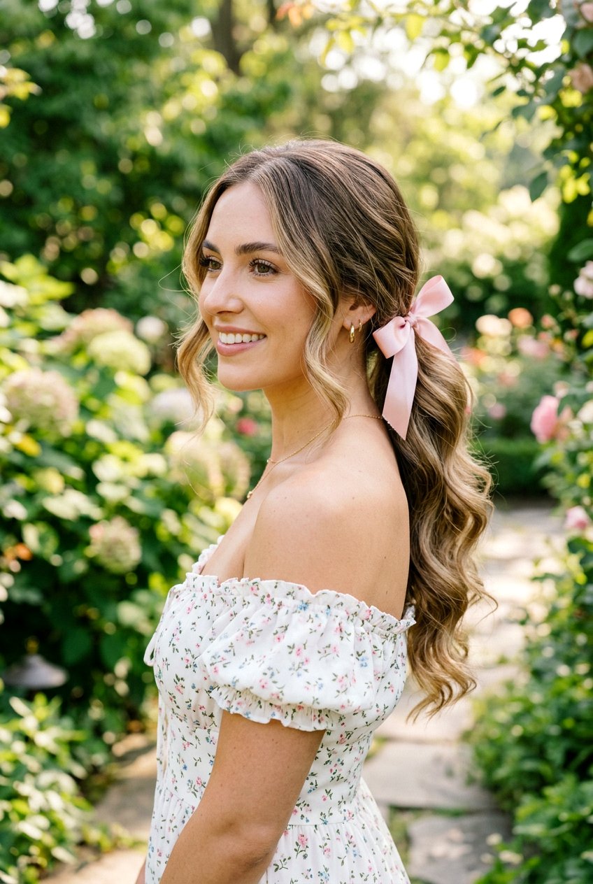 Side Ponytail With Ribbon And Soft Waves - 20 side ponytail with ribbon - 20 side ponytail with ribbon