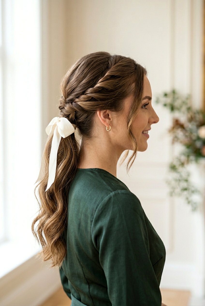 Side Ponytail With Ribbon And Twisted Crown - 20 side ponytail with ribbon - 20 side ponytail with ribbon