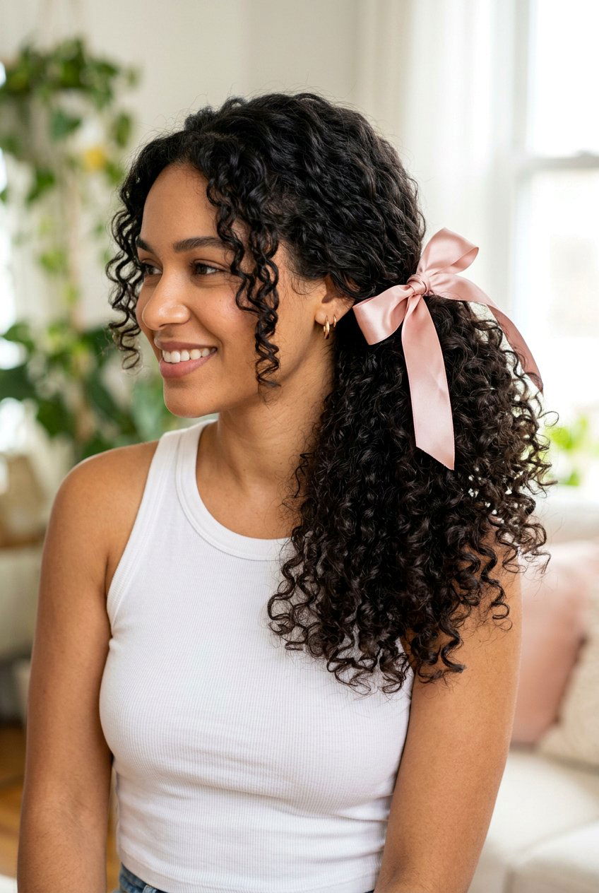 Side Ponytail With Ribbon On Natural Curls - 20 side ponytail with ribbon - 20 side ponytail with ribbon