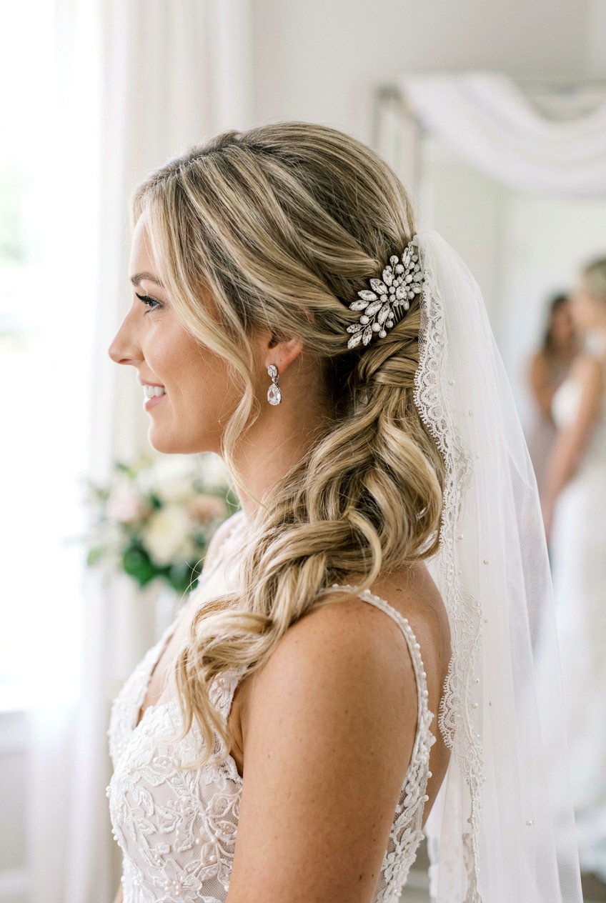 Side Ponytail With Veil And Hair Comb - 20 elegant bridal side ponytail - 20 elegant bridal side ponytail
