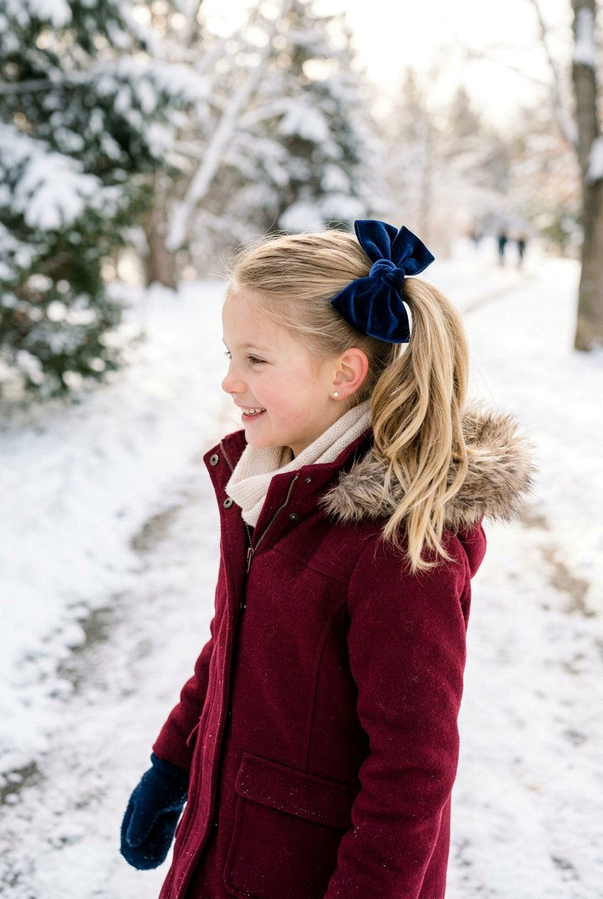 Side Ponytail With Velvet Bow - 20 bow hairstyle for little girls - 20 bow hairstyle for little girls