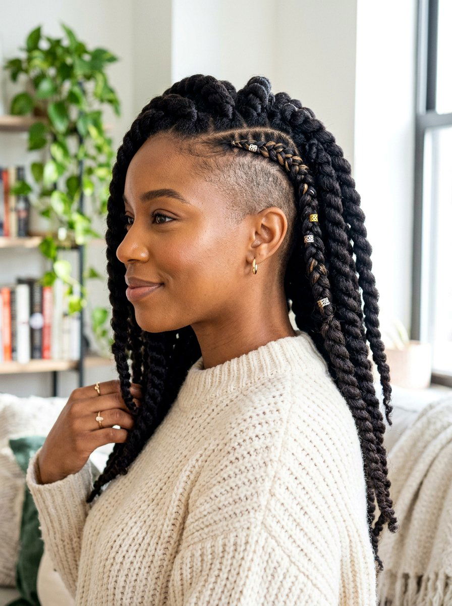 Side Shave Jumbo Twists With Braid Detail - 20 side shave braid hairstyle - 20 side shave braid hairstyle
