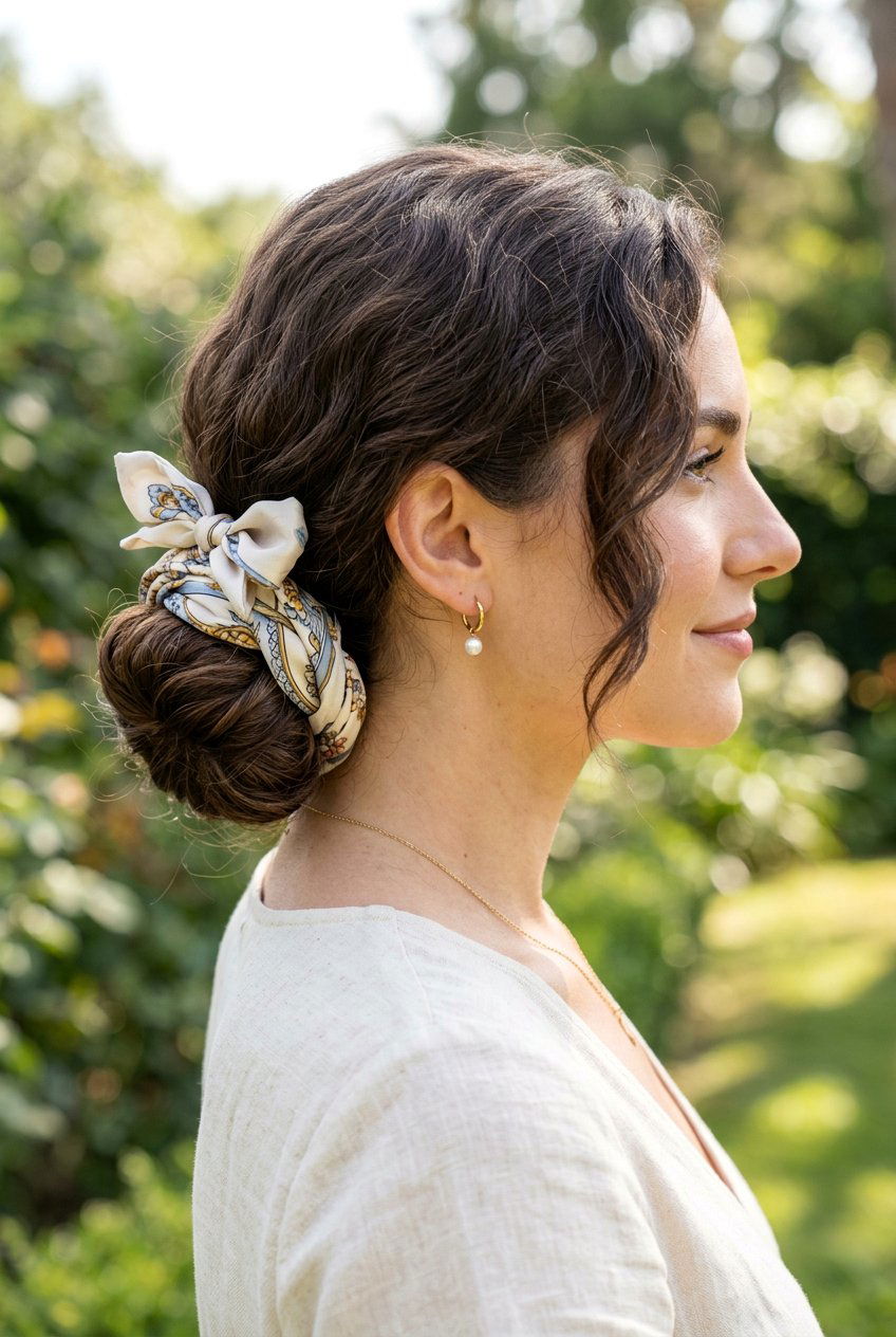Side Silk Scarf Bun Behind The Ear - 20 silk scarf bun hairstyle - 20 silk scarf bun hairstyle