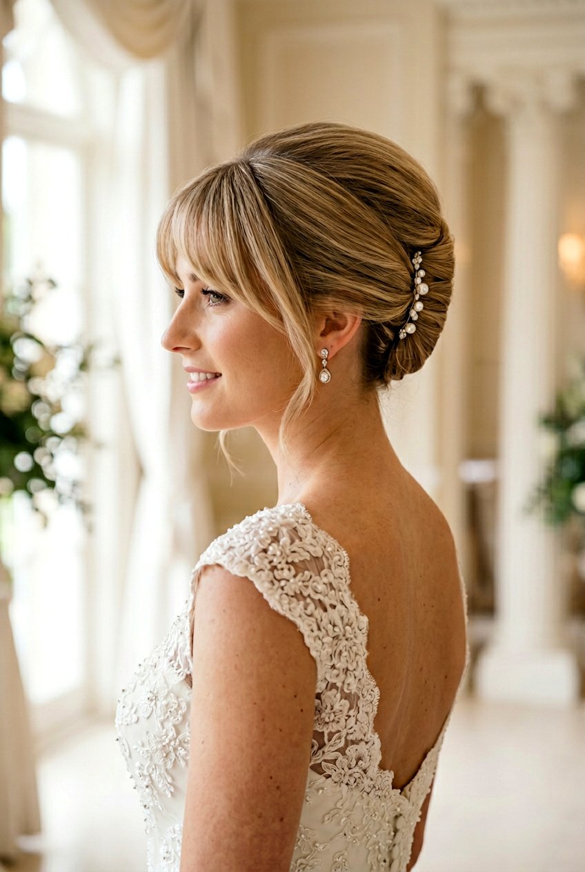 Side Swept Bangs With French Twist - 20 bridal hairstyle for women with bangs - 20 bridal hairstyle for women with bangs