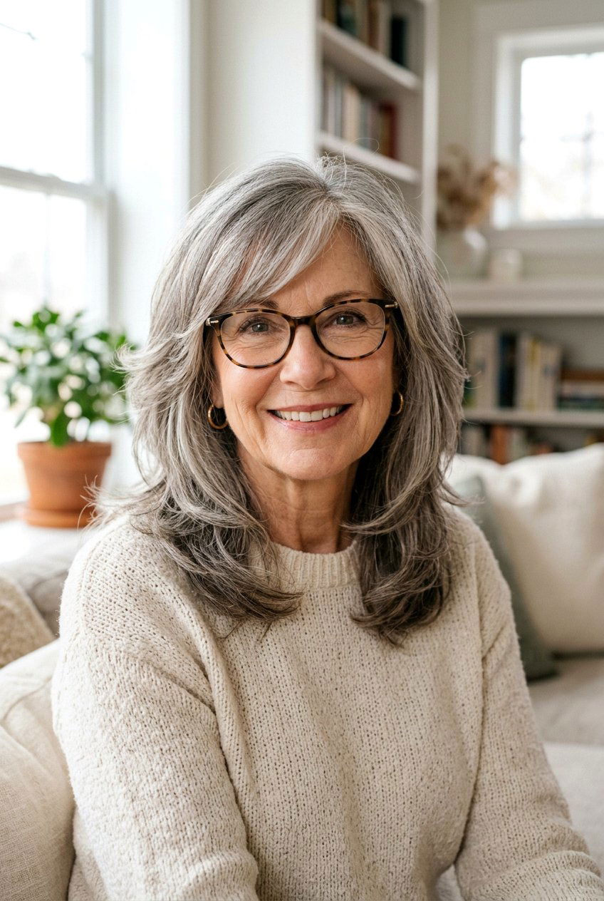 Side Swept Bangs With Layers - 20 hairstyles for women over 60 with glasses - 20 hairstyles for women over 60 with glasses