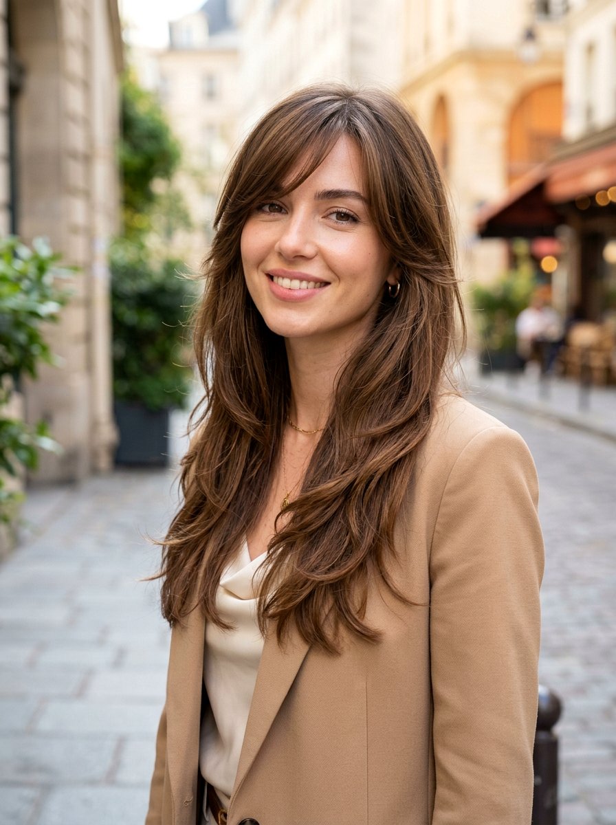 Side Swept Bangs With Long Layers - 20 flattering haircut for inverted triangle face - 20 flattering haircut for inverted triangle face