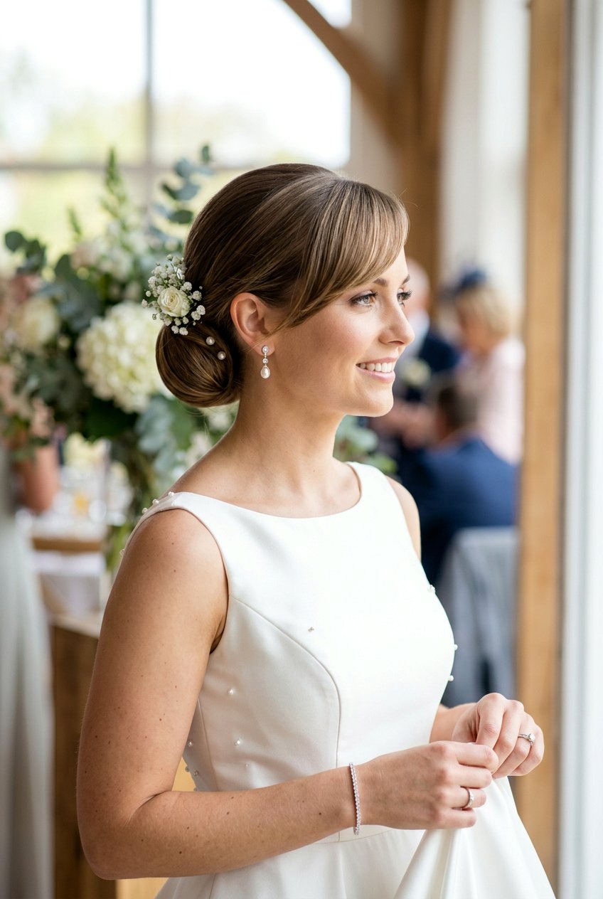 Side Swept Bangs With Low Chignon - 20 bridal hairstyle for women with bangs - 20 bridal hairstyle for women with bangs