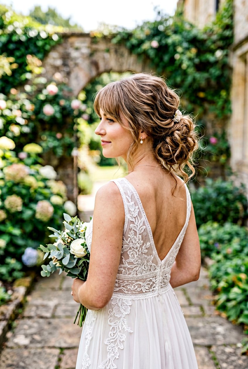 Side Swept Bangs With Messy Bun - 20 bridal hairstyle for women with bangs - 20 bridal hairstyle for women with bangs