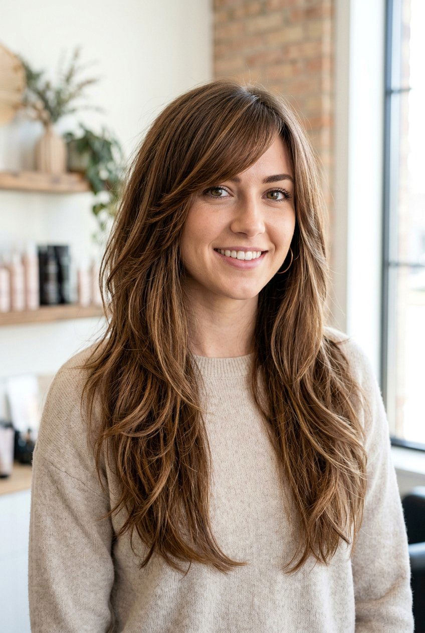 Side Swept Bangs with Layers - 20 hairstyles for square faces - 20 hairstyles for square faces