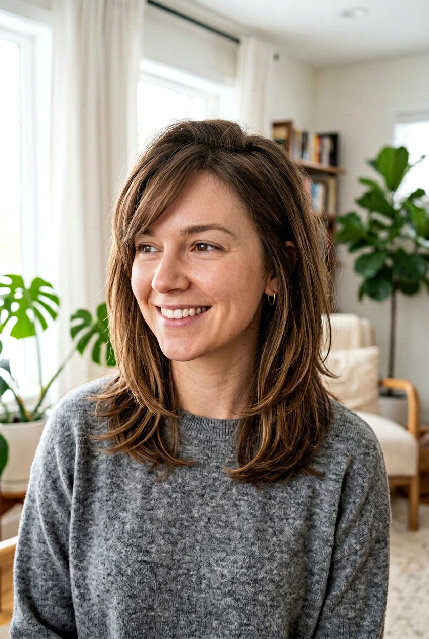 Side Swept Bangs with Medium Layers - 20 hairstyles to hide thinning hair - 20 hairstyles to hide thinning hair