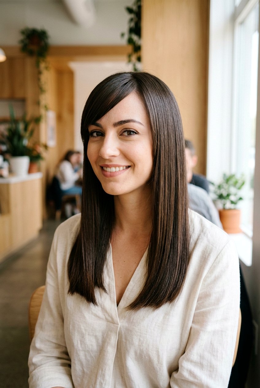 Side Swept Bangs with Straight Hair - 20 hairstyles for small forehead - 20 hairstyles for small forehead