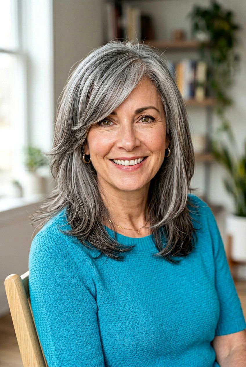 Side Swept Bangs - 20 face framing layers for women over 50 - 20 face framing layers for women over 50