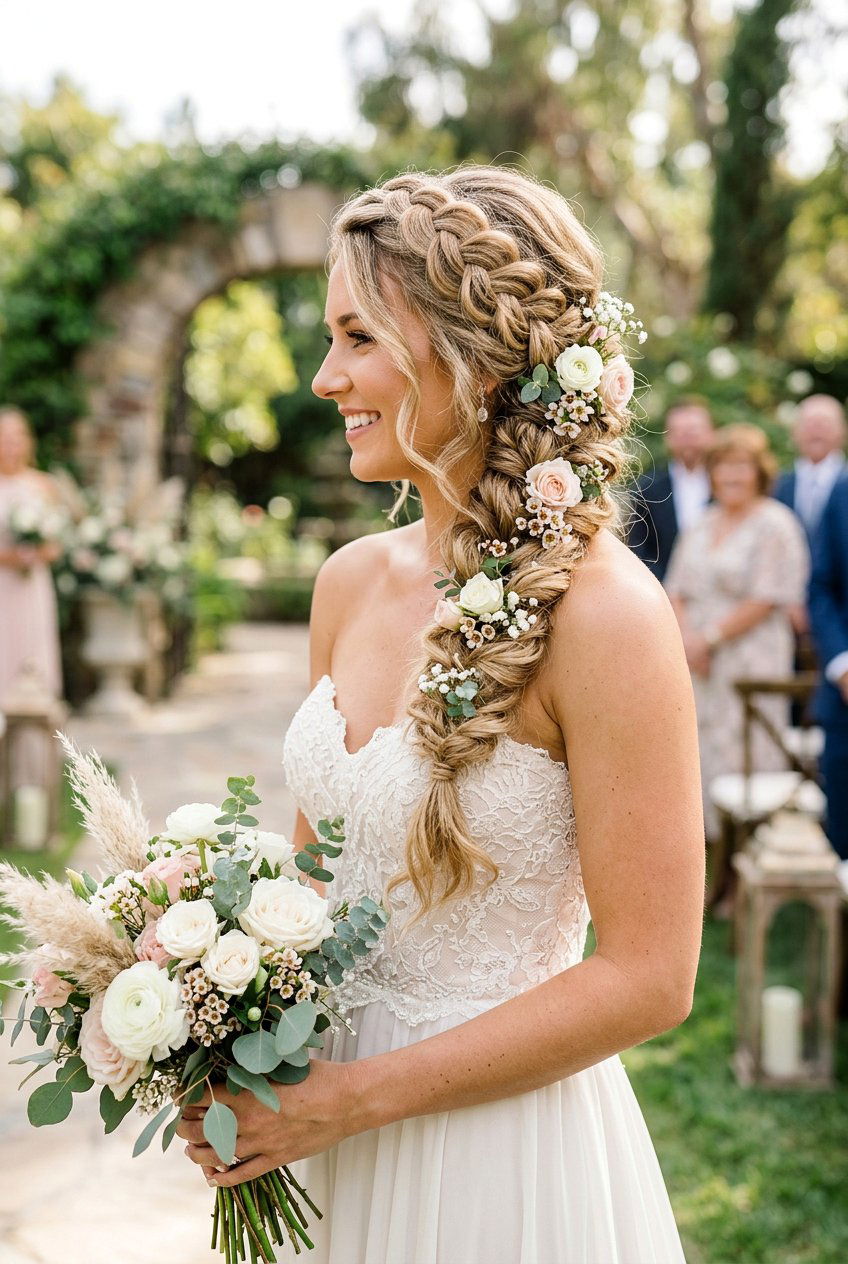 Side Swept Boho Braid For Bride - 20 bohemian wedding hairstyles - 20 bohemian wedding hairstyles