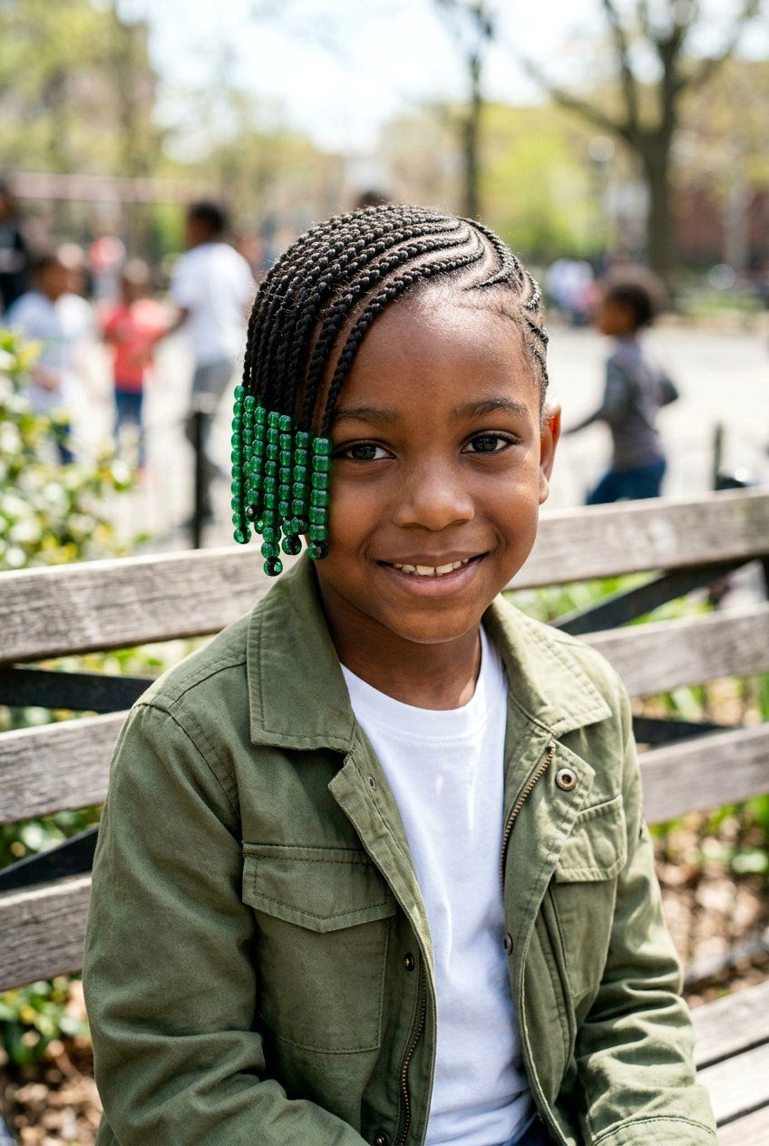 Side Swept Boys Cornrows With Green Beads - 20 boys cornrows with beads - 20 boys cornrows with beads