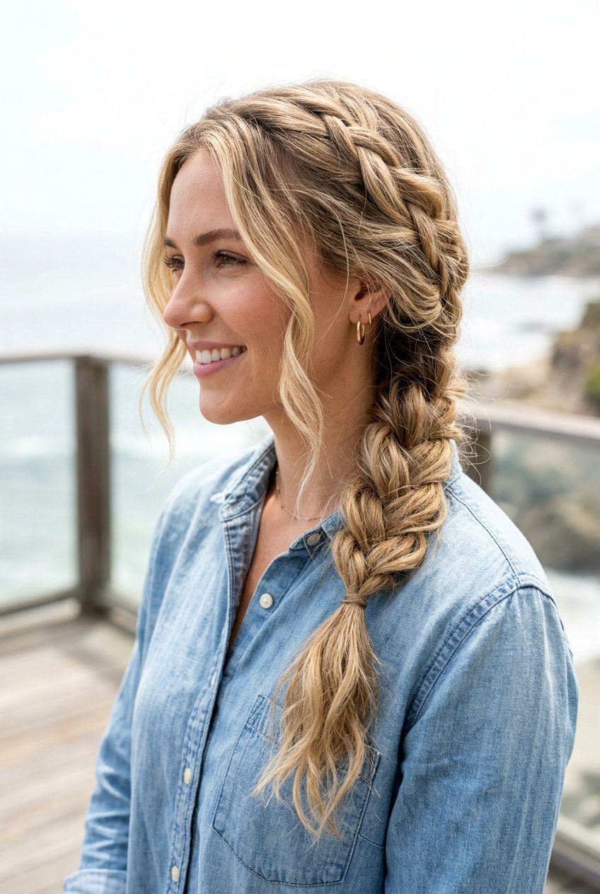 Side Swept Braid With Sea Salt Texture - 20 beach hairstyle with messy side braid - 20 beach hairstyle with messy side braid