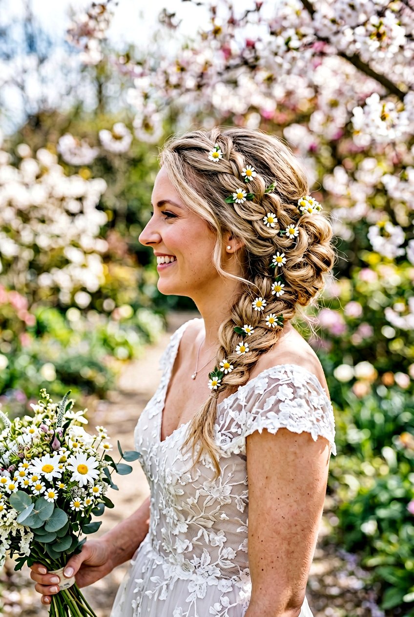 Side Swept Braided Updo With Daisy Pins - 20 floral bridal braid hairstyle - 20 floral bridal braid hairstyle