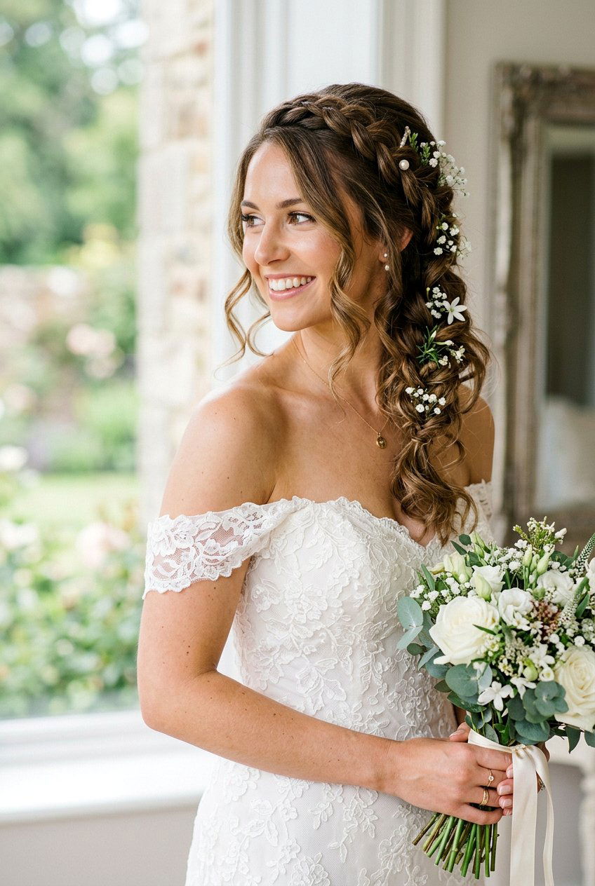 Side Swept Bridal Braid Crown With Loose Curls - 20 bridal braid crown with loose curls - 20 bridal braid crown with loose curls