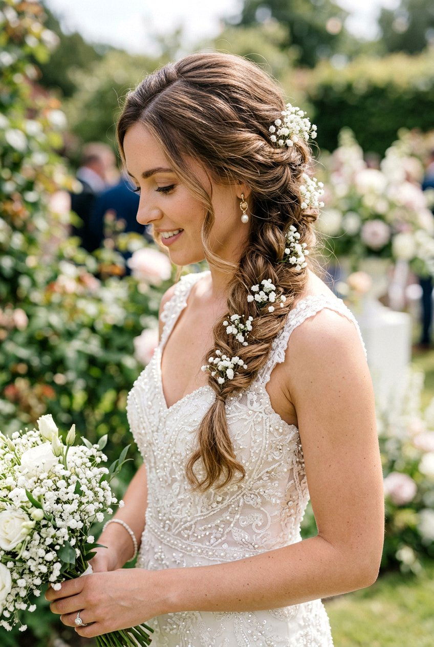 Side Swept Bridal Braid With Babys Breath - 20 bridal braid with babys breath - 20 bridal braid with baby’s breath