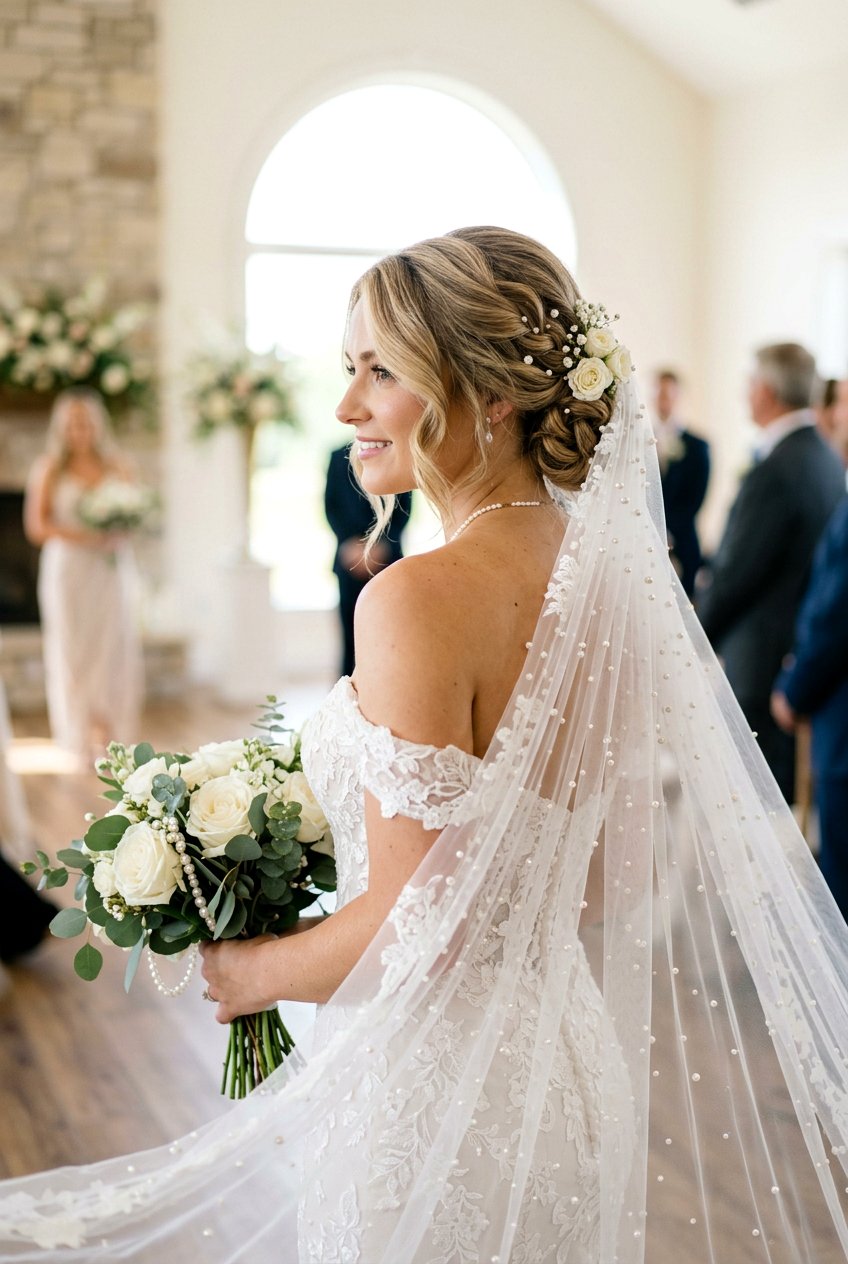 Side Swept Bridal Low Bun With Pearl Veil - 20 bridal low bun with pearl veil - 20 bridal low bun with pearl veil