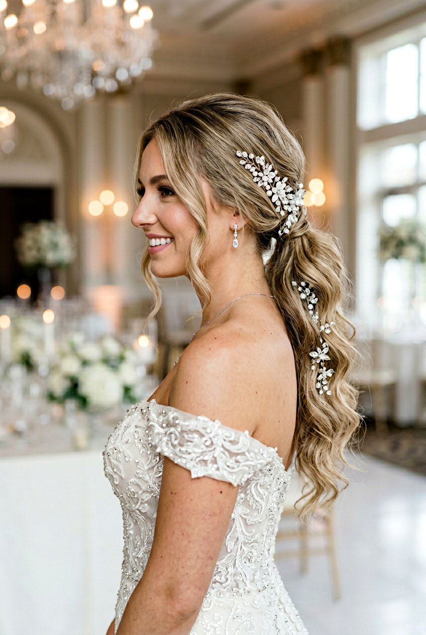 Side Swept Bridal Ponytail With Crystal Pins - 20 bridal ponytail with crystal pins - 20 bridal ponytail with crystal pins