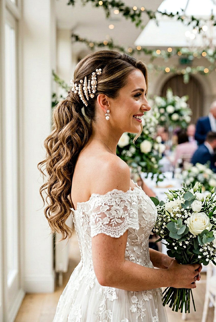Side Swept Bridal Ponytail - 20 bridal ponytail with pearl pins - 20 bridal ponytail with pearl pins