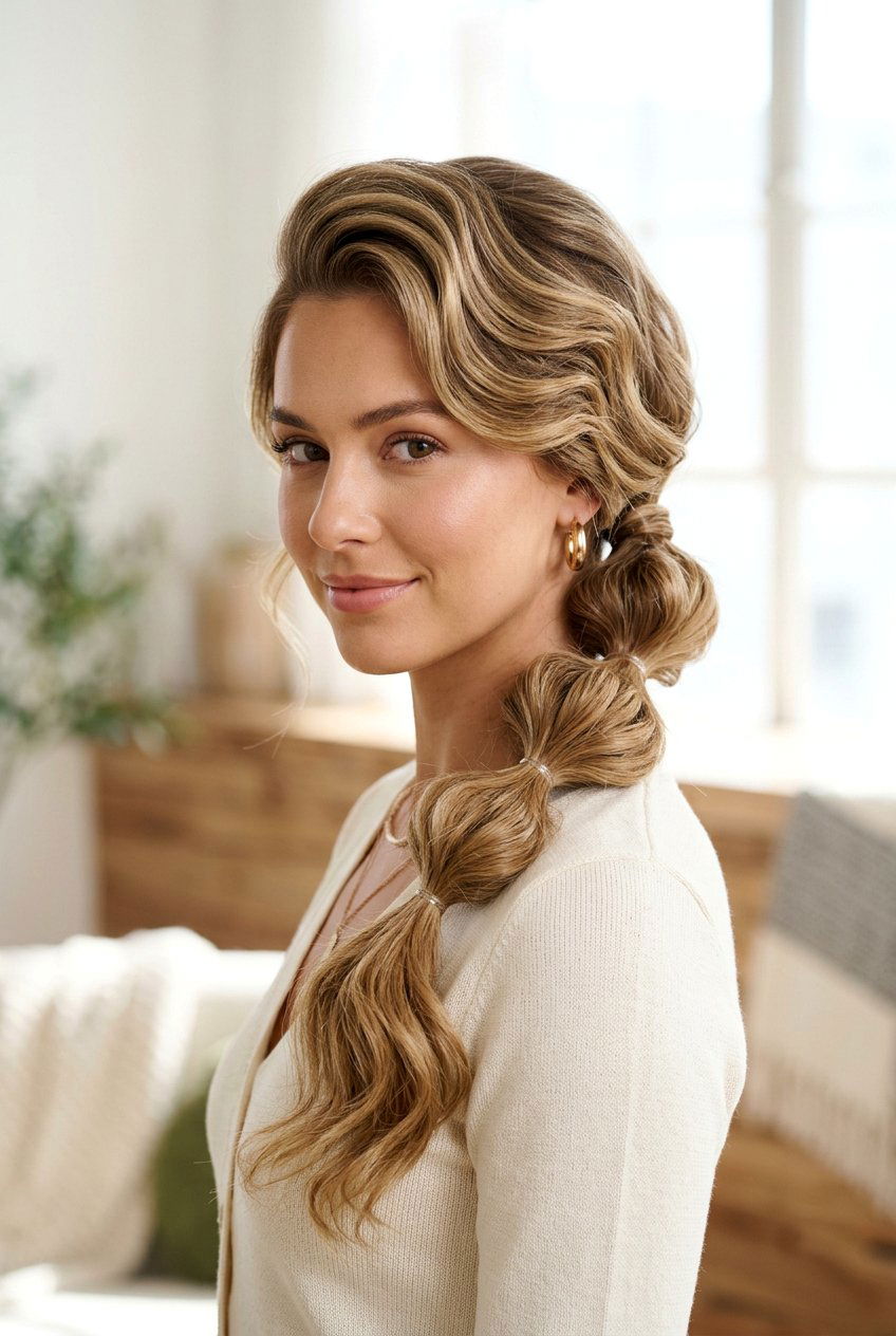 Side Swept Bubble Ponytail - 20 bubble ponytail for wedding guest - 20 bubble ponytail for wedding guest
