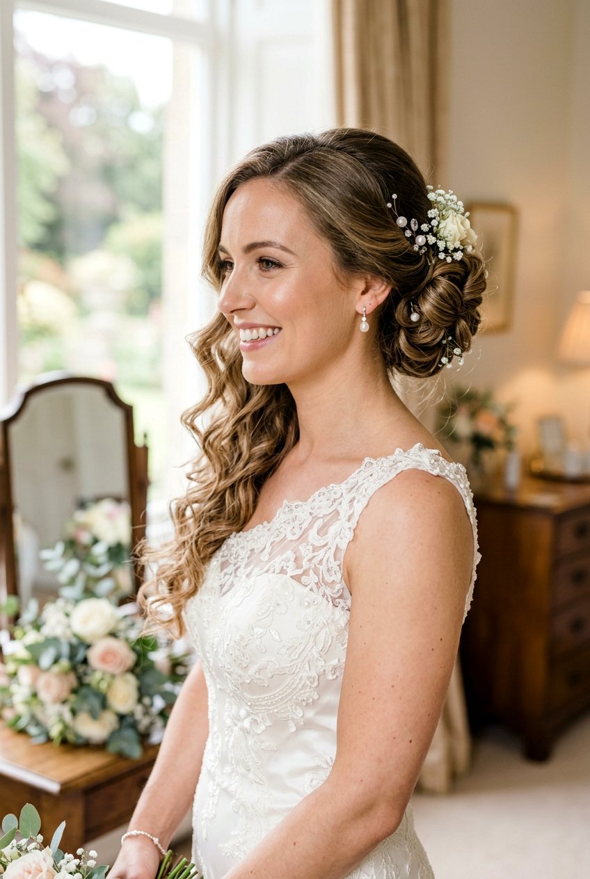 Side Swept Bun With Curls - 20 bridal bun with curls in front - 20 bridal bun with curls in front