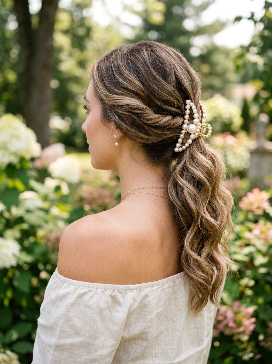 Side Swept Claw Clip Ponytail - 20 summer claw clip hairstyles - 20 summer claw clip hairstyles