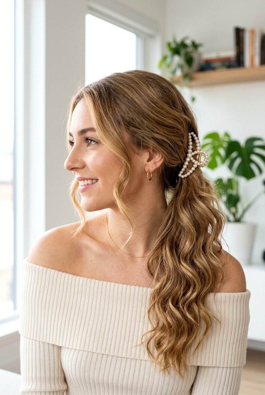 Side Swept Claw Clip Ponytail - 20 claw clip ponytail hairstyle - 20 claw clip ponytail hairstyle