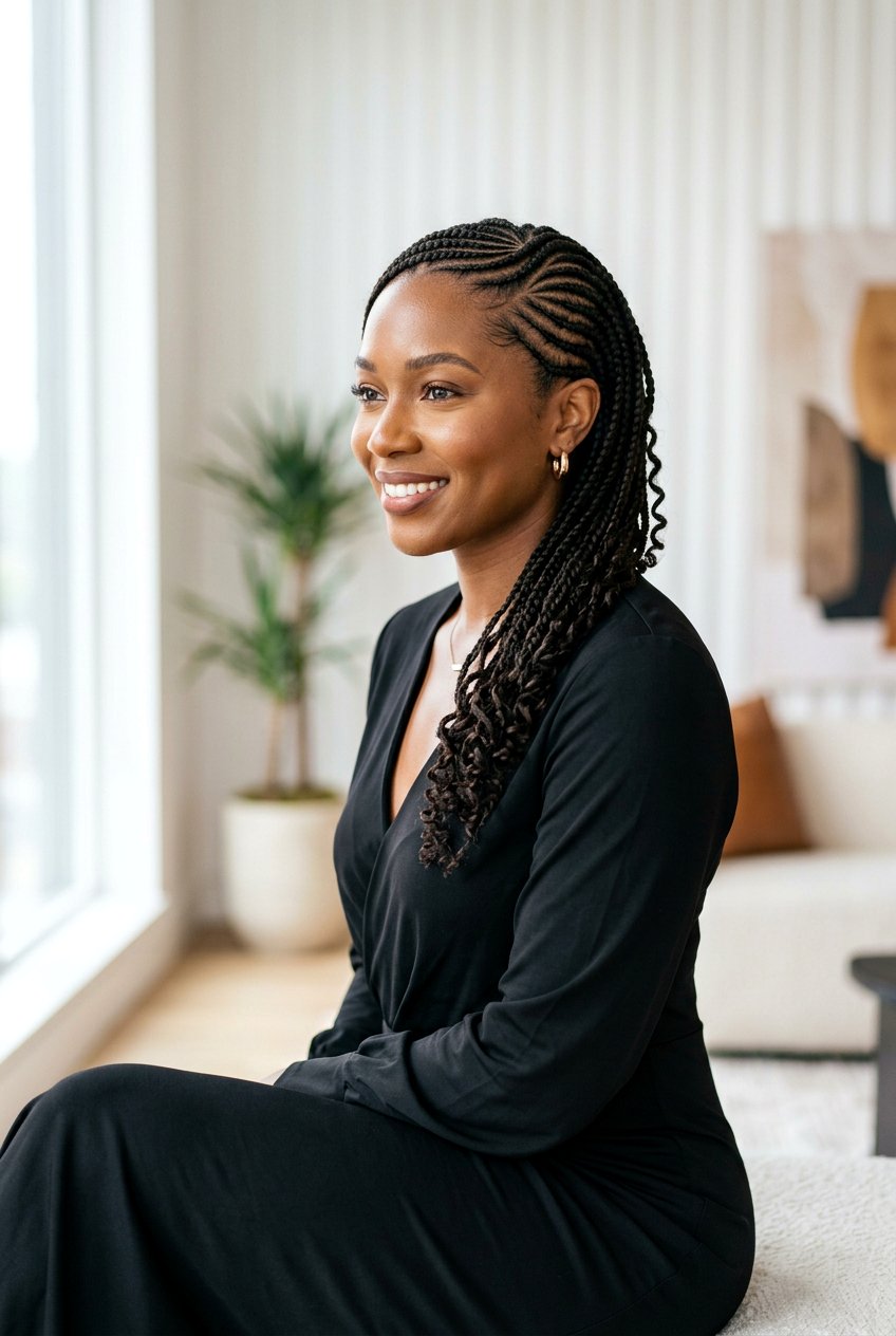 Side Swept Cornrows - 20 low maintenance braid styles for black women - 20 low maintenance braid styles for black women