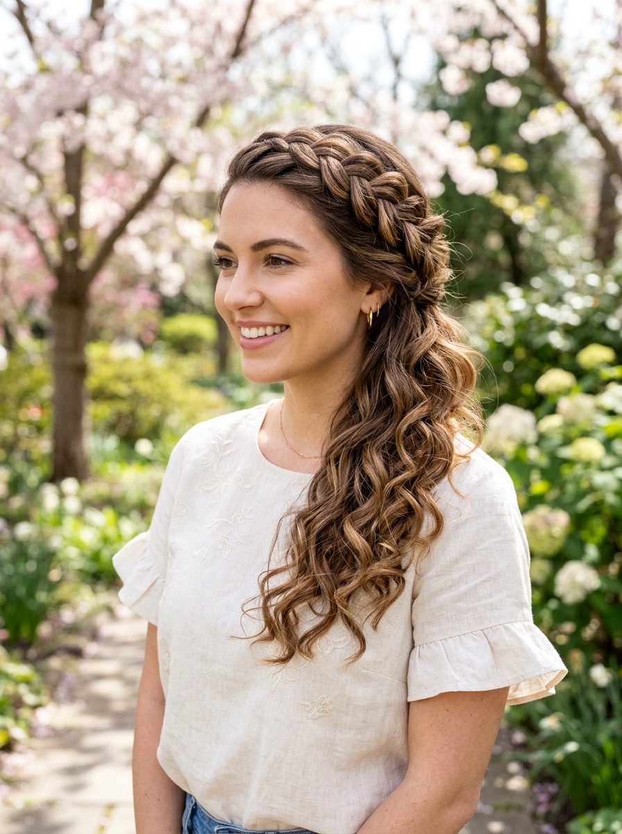 Side Swept Crown Braid With Loose Curls - 20 crown braid with loose curls - 20 crown braid with loose curls