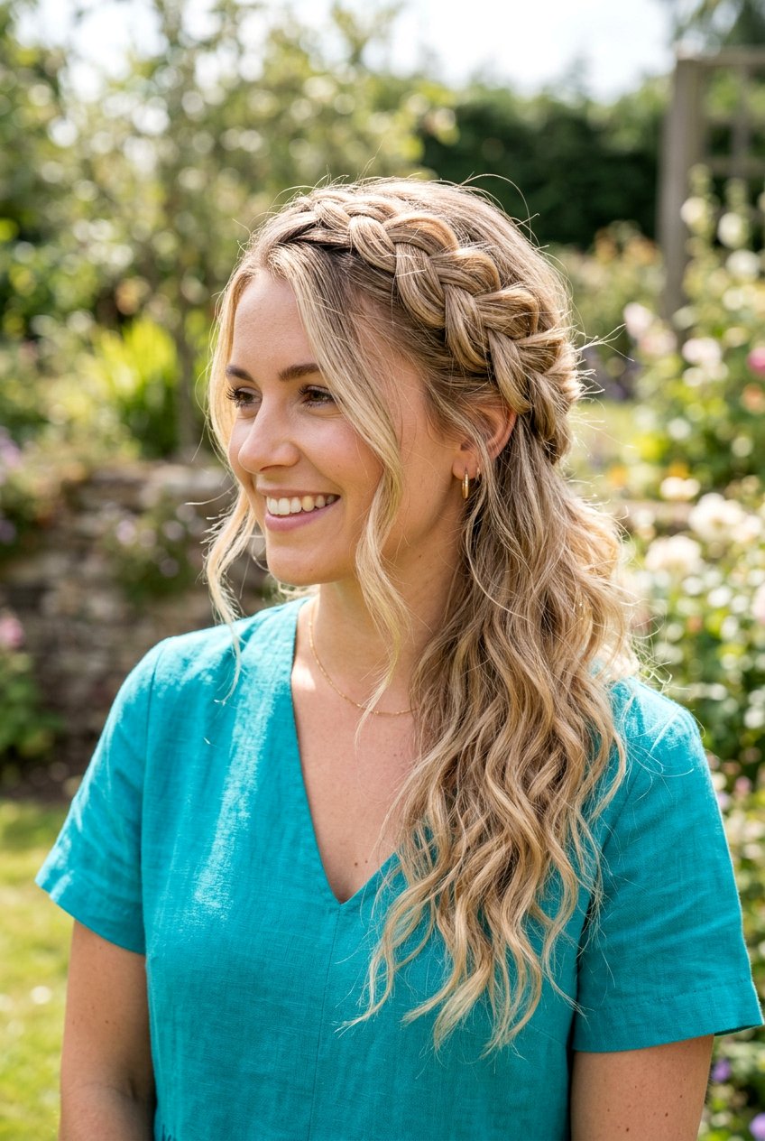 Side Swept Crown Braid With Messy Waves - 20 homecoming hairstyle with braid crown - 20 homecoming hairstyle with braid crown