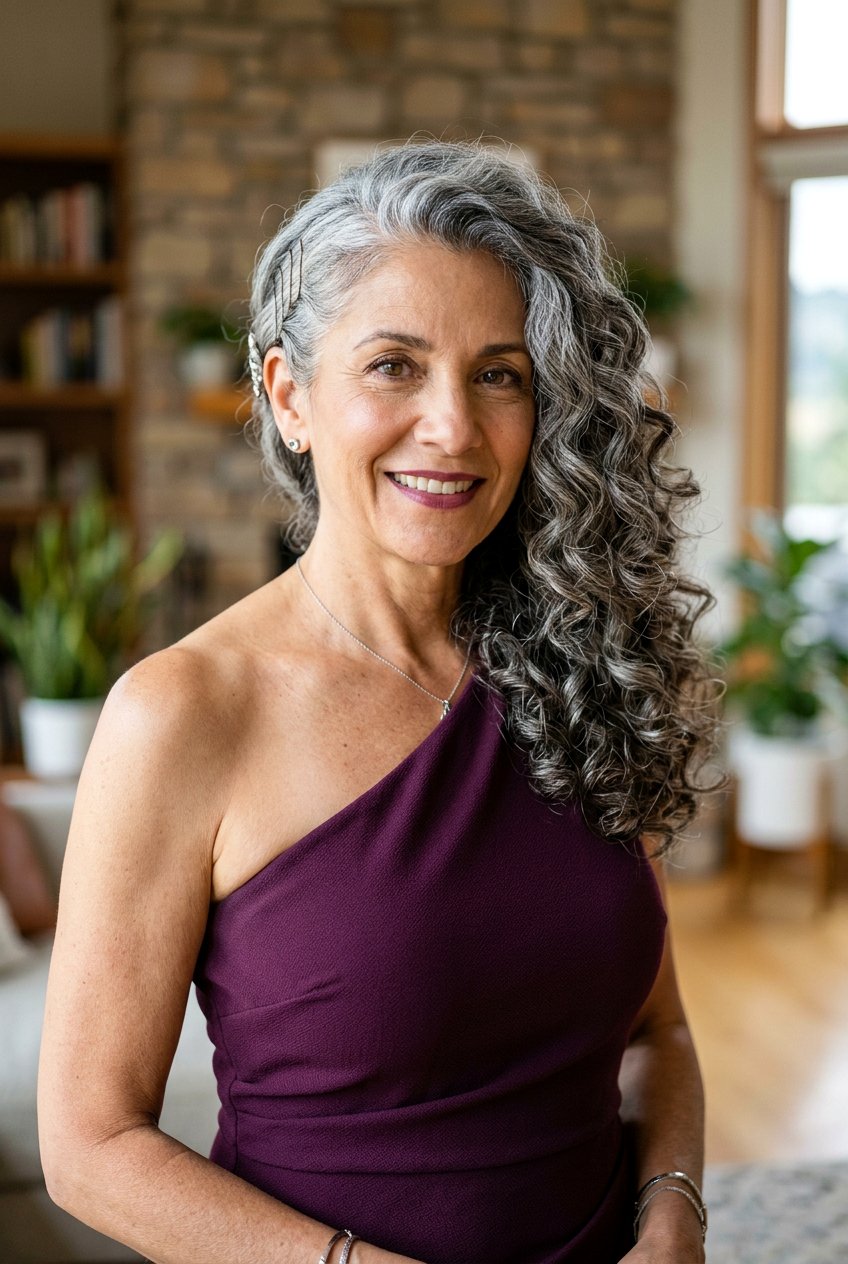 Side Swept Curls - 20 wedding guest hairstyle for naturally gray hair - 20 wedding guest hairstyle for naturally gray hair