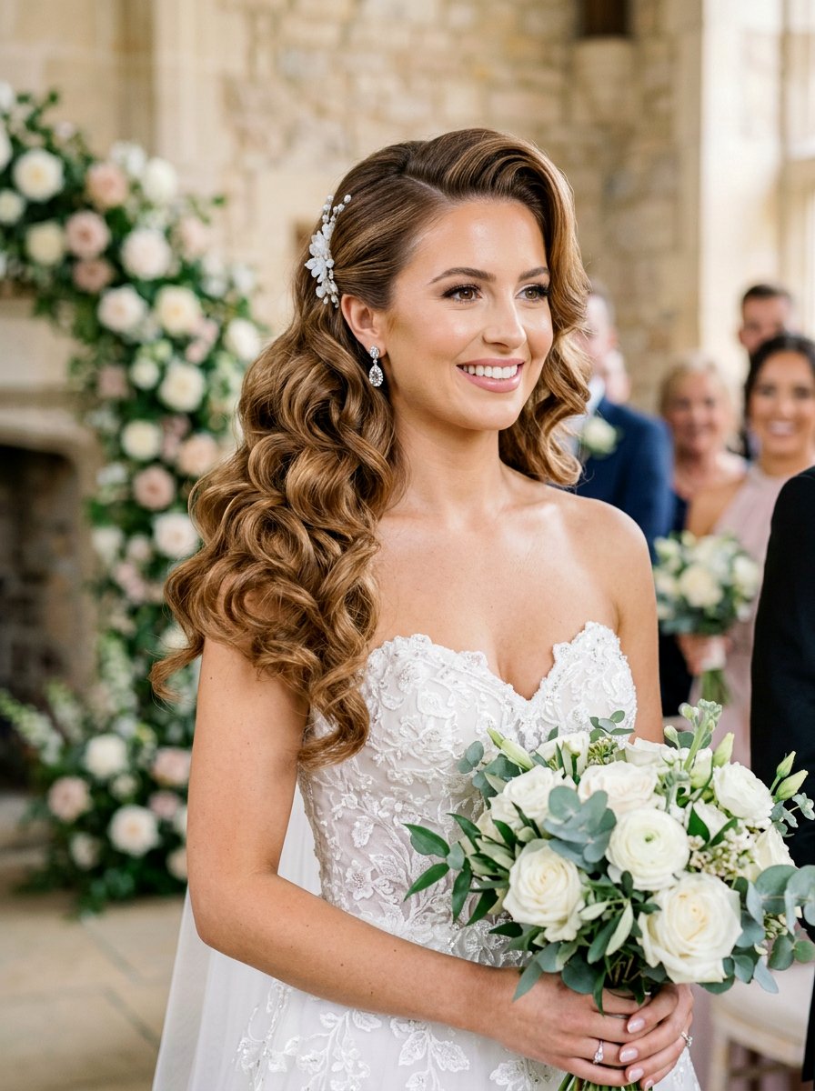 Side Swept Curls - 20 wedding hairstyles for curly brides - 20 wedding hairstyles for curly brides