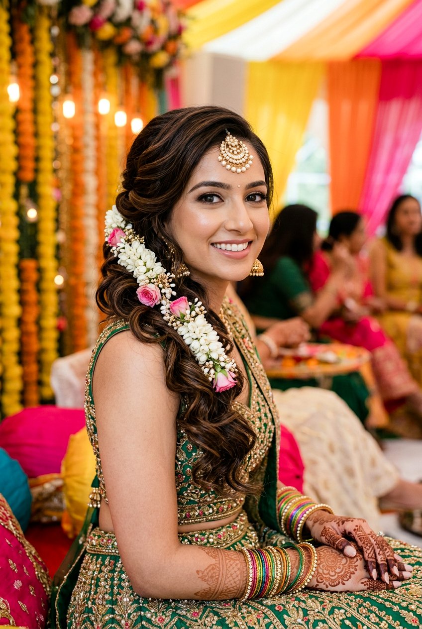 Side Swept Curls Mehndi Hairstyle - 20 mehndi hairstyles - 20 mehndi hairstyles